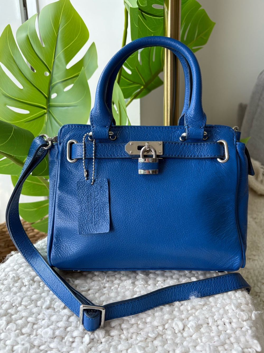 Danier Cobalt Blue Genuine Leather Padlock Satchel Crossbody Bag Silver Hardware